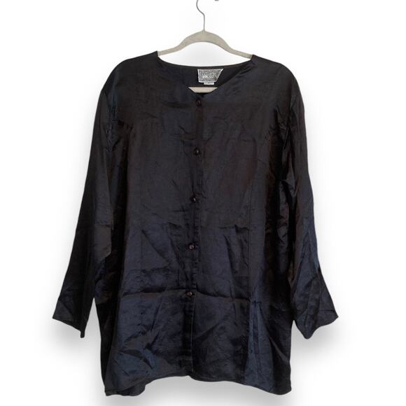 Womens Vintage Justin Allen Black Satin Polyester Collarless Button Up Size 2X - Picture 1 of 16